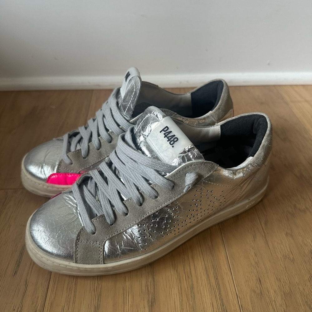 P448 Silver Sneakers with Pink Accent
